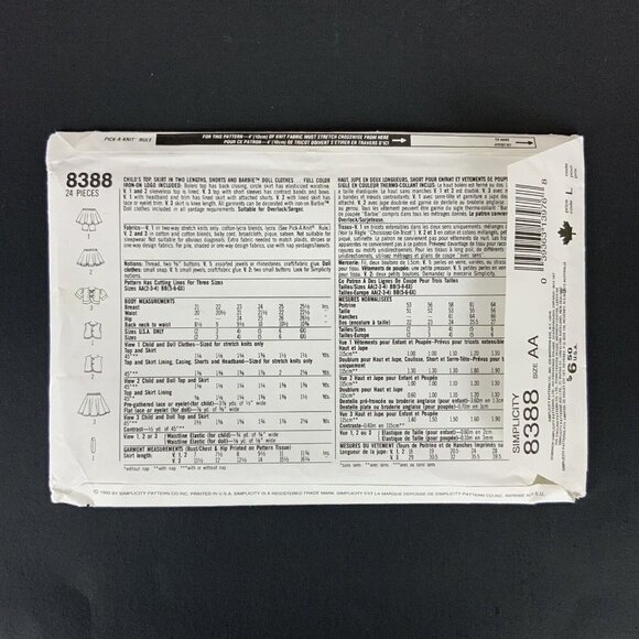 Simplicity 8388 Barbie Girls & Doll Matching Outfits Sz 2-4 Sewing Pattern UNCUT - Picture 2 of 3